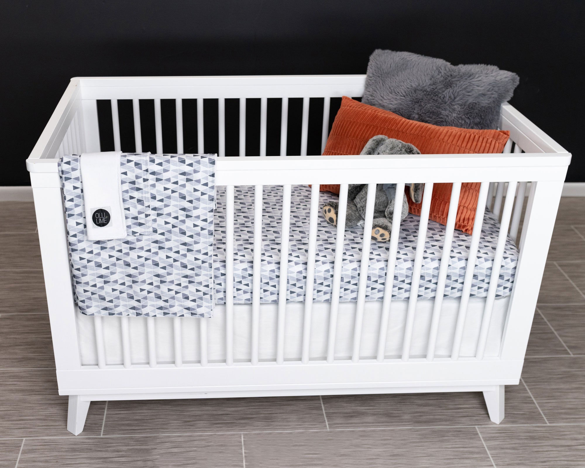 Gray Banners Marching - Deluxe Nursery Bedding Set - Monochrome Mini-Triangles - Olli+Lime
